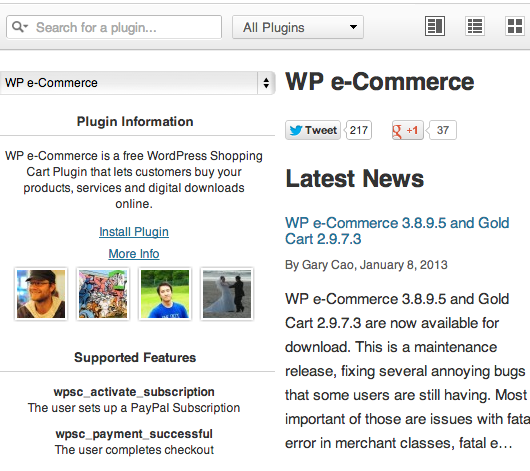 Crop of another part of the "Support Plugins" admin screen