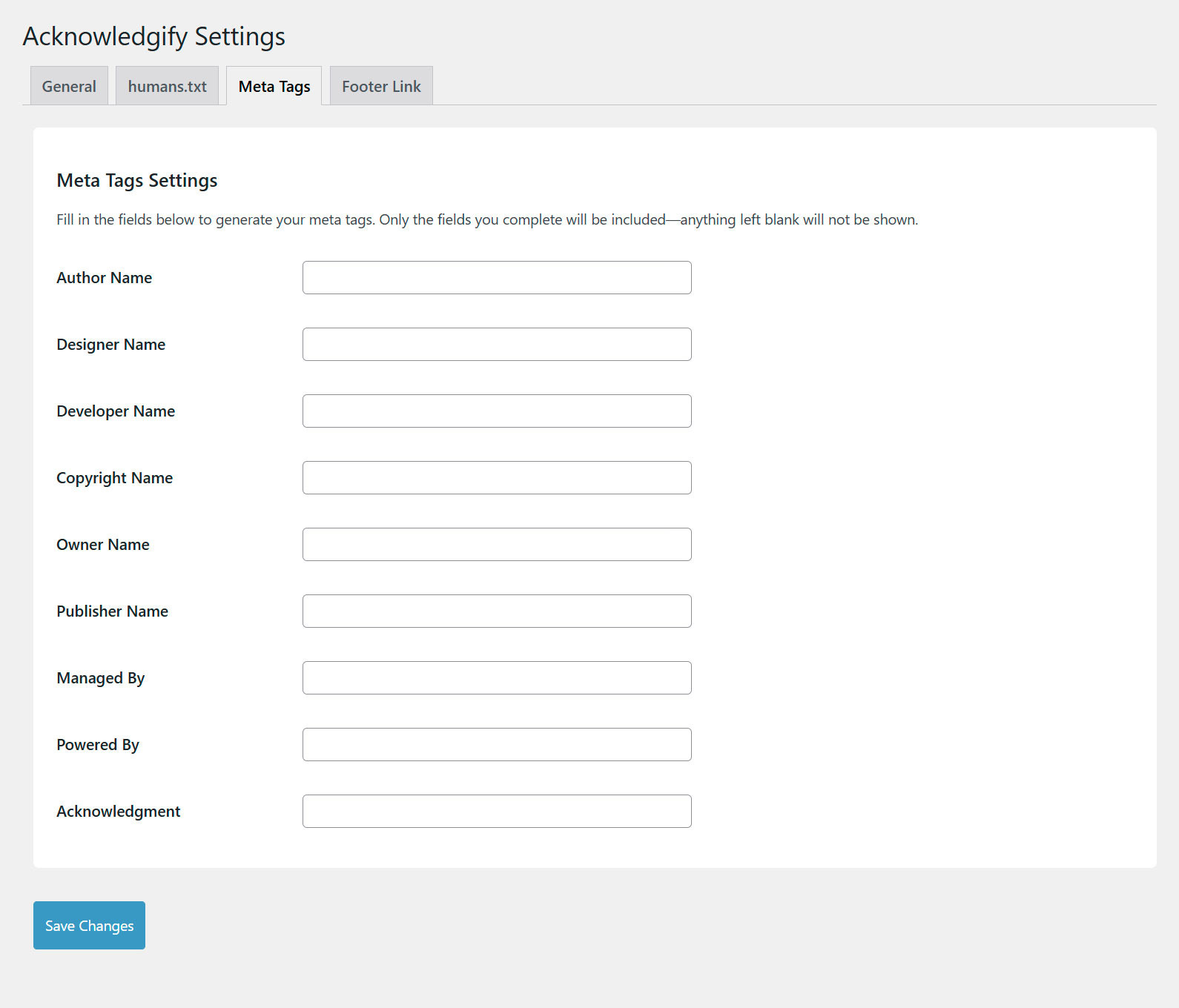 Plugin settings page - Meta tag options.
