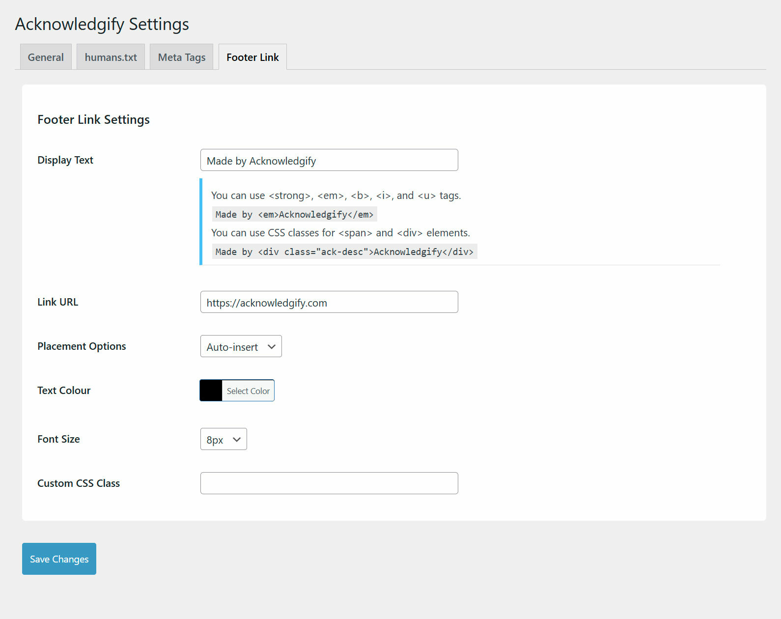 Plugin settings page - Footer link auto-insert option.