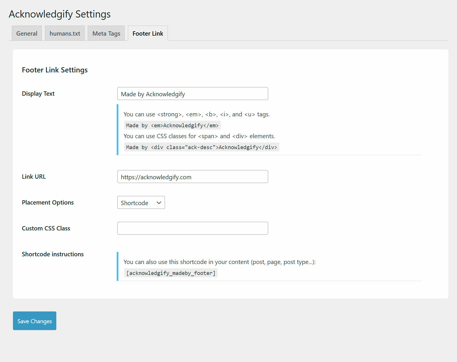Plugin settings page - Footer link shortcode option.
