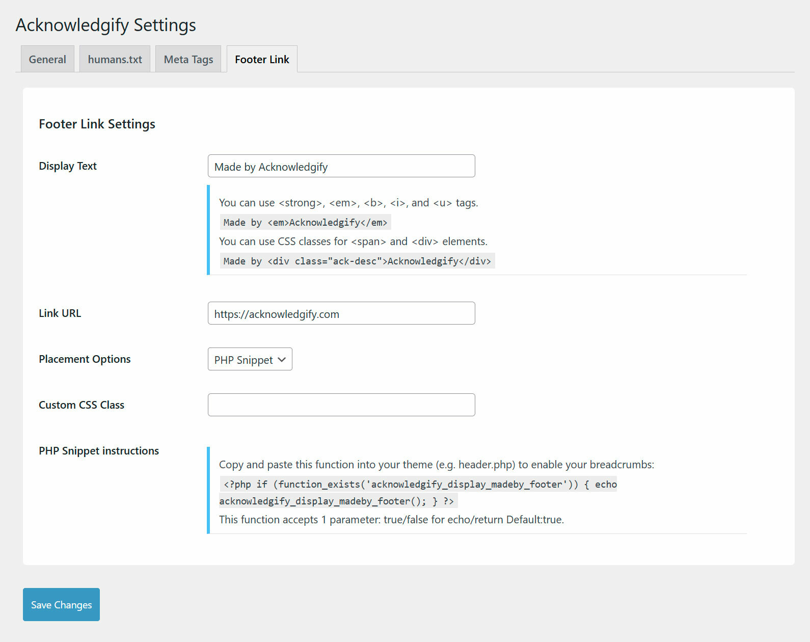 Plugin settings page - Footer link PHP snippet option.
