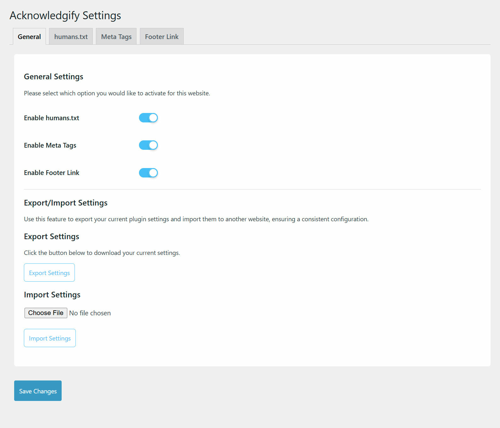 Plugin settings page - Footer link General settings Import/Export.