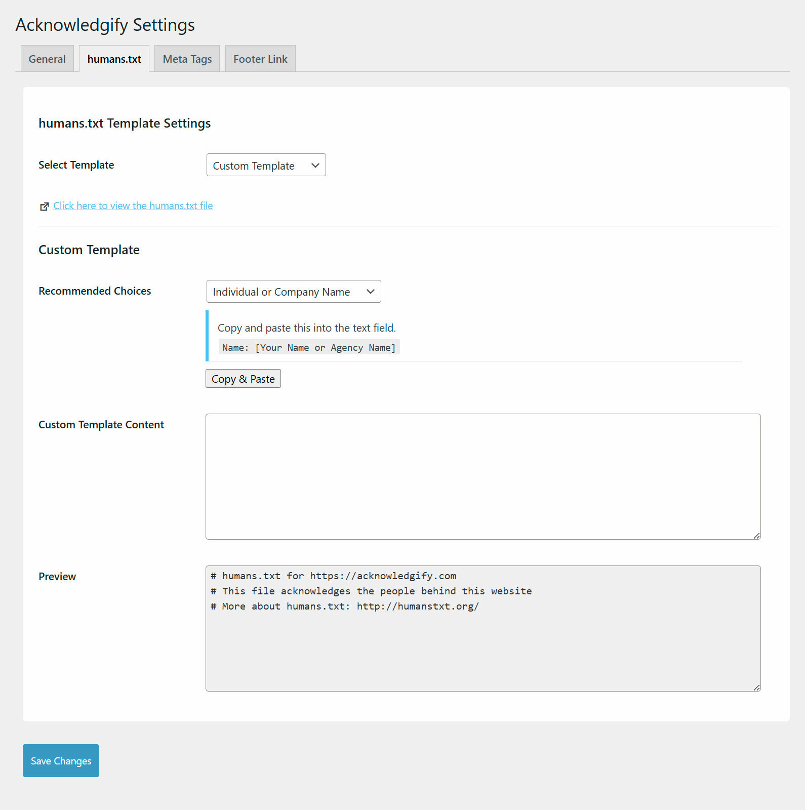 Plugin settings page - humans.txt custom settings.