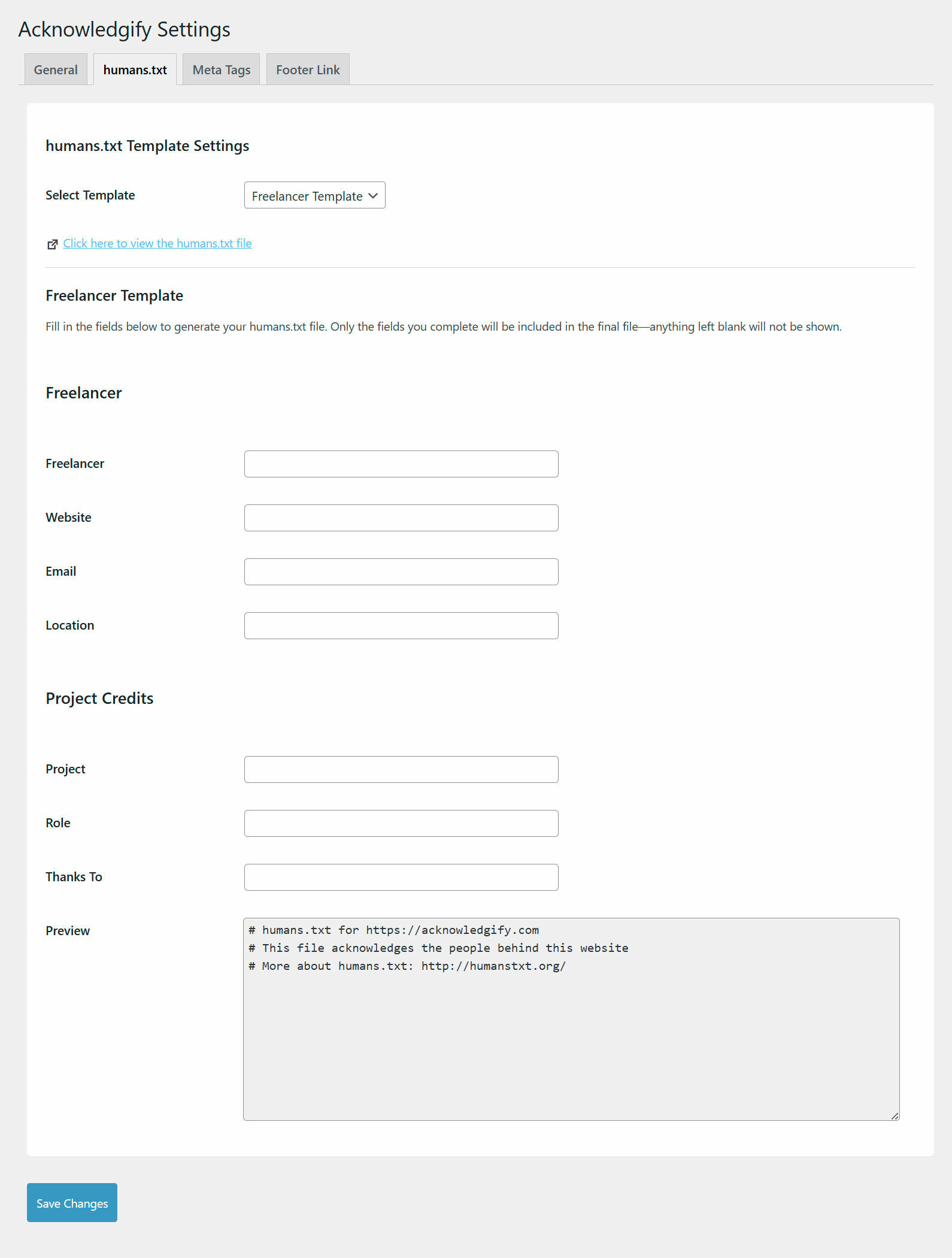 Plugin settings page - humans.txt freelancer settings.