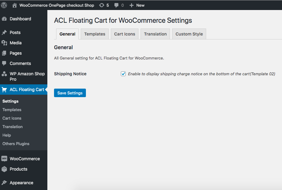 ACL Floating Cart General Settings.