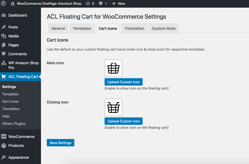 ACL Floating Cart Icons Upload Options.