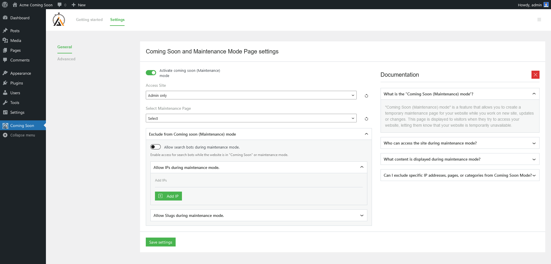 Dashboard - Settings - General