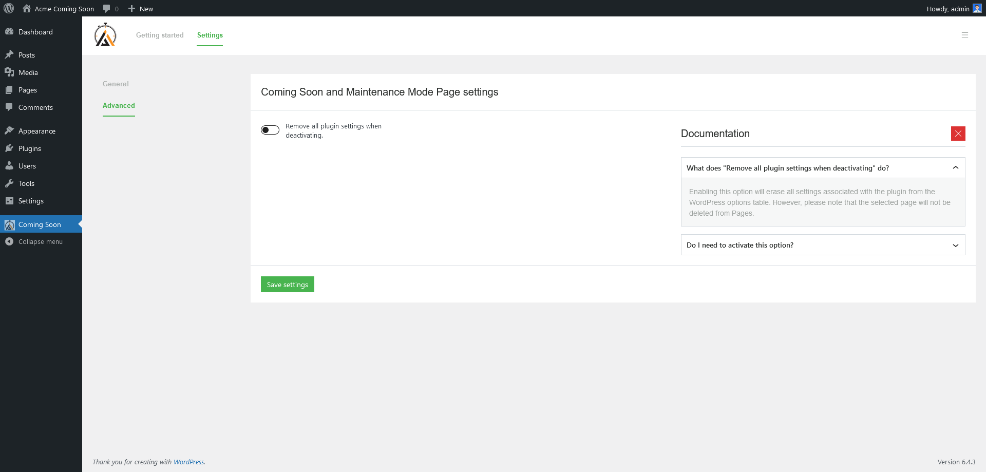 Dashboard - Settings - Advanced