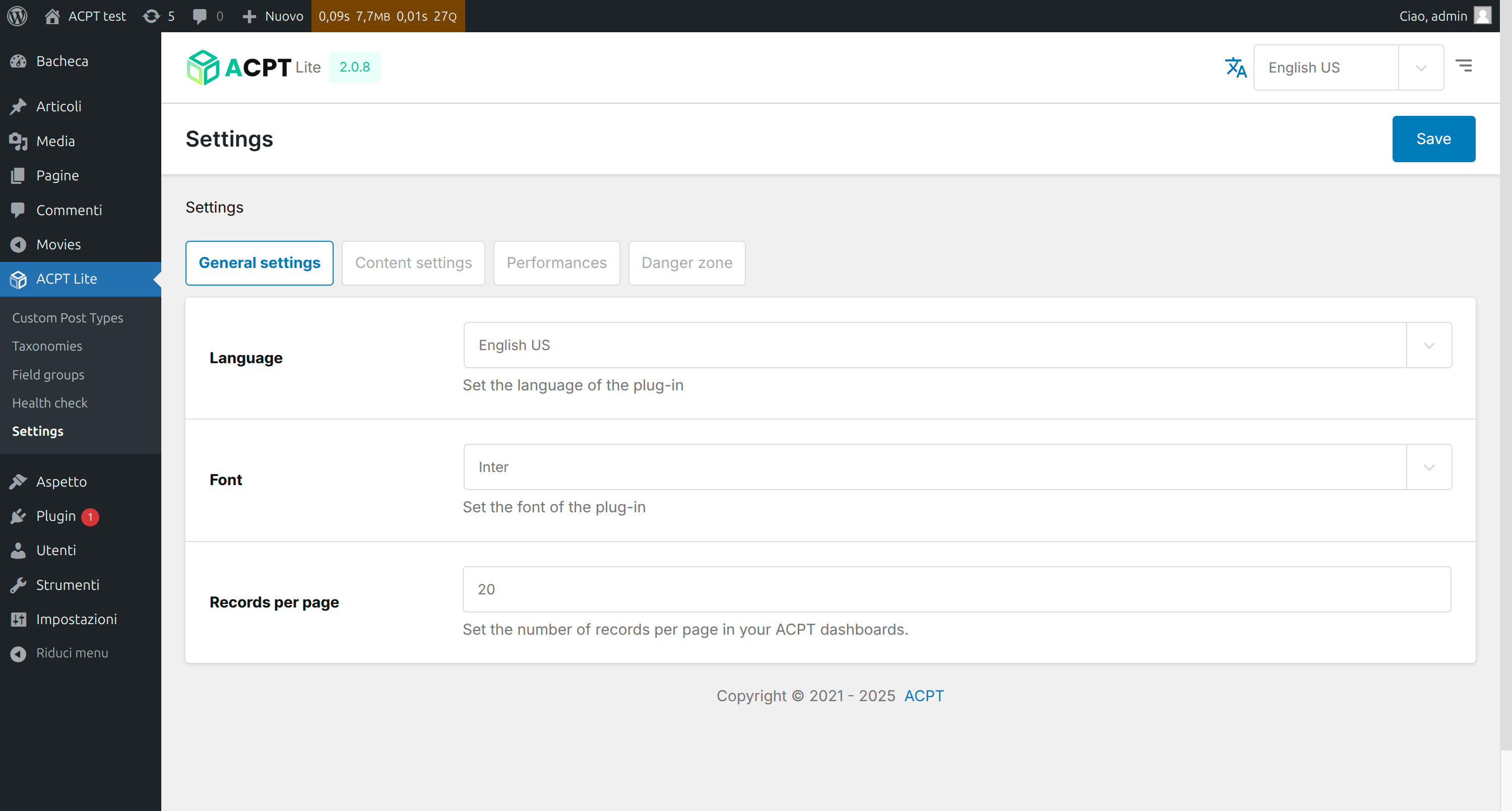 Settings panel
