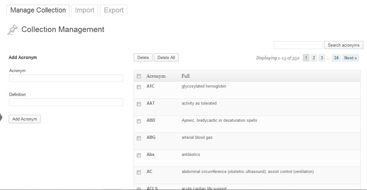 View of the management page, which is found under Tools>Acronym Manager.