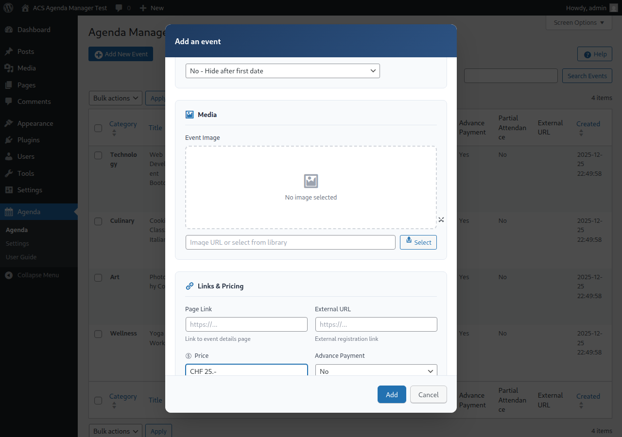 Event editor dialog with form fields for title, location, and description