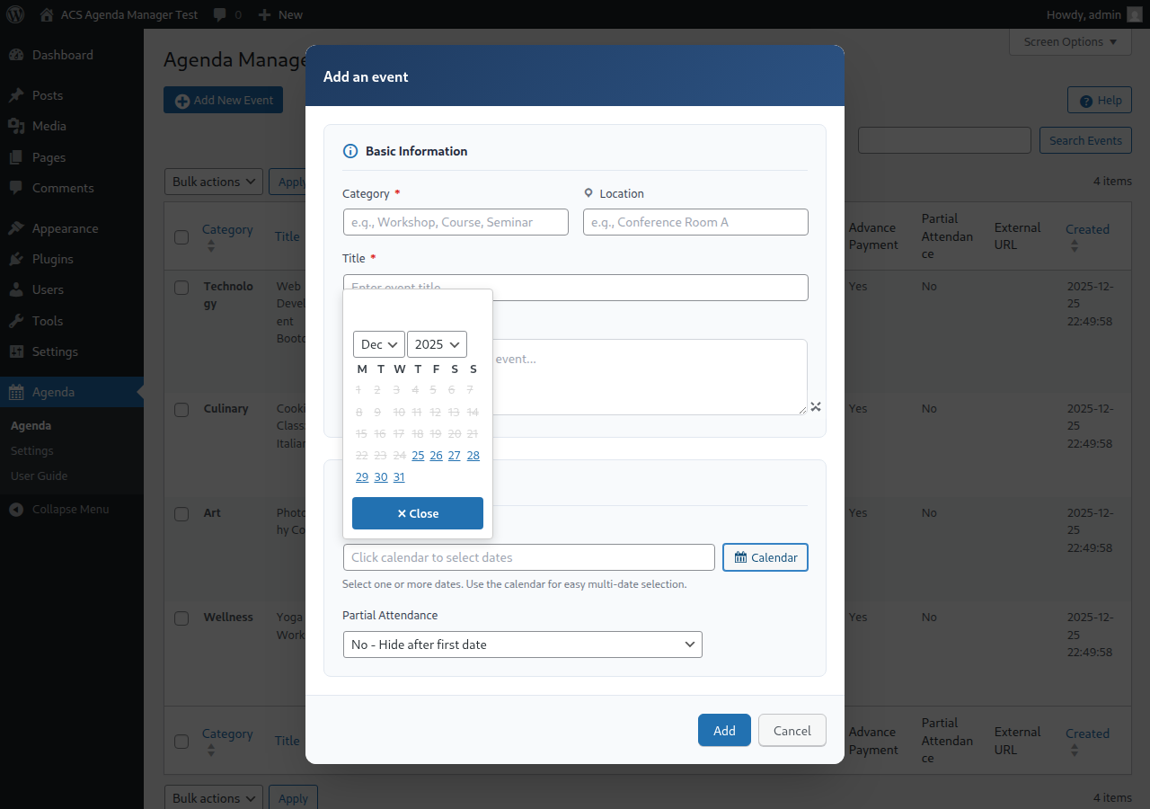 Multi-date calendar picker for selecting event dates