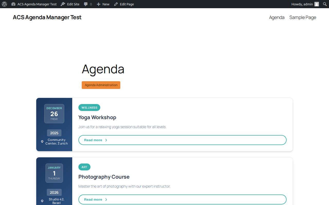 Frontend agenda display with modern responsive layout