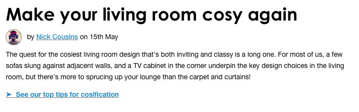 For example, here's a post about interior design, the more link reads "See our top tips for cosification"