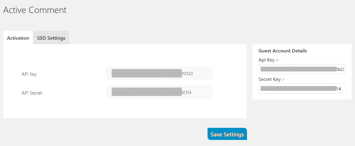 **Active Commenting Admin Config**: Add your Authantication credentials here.