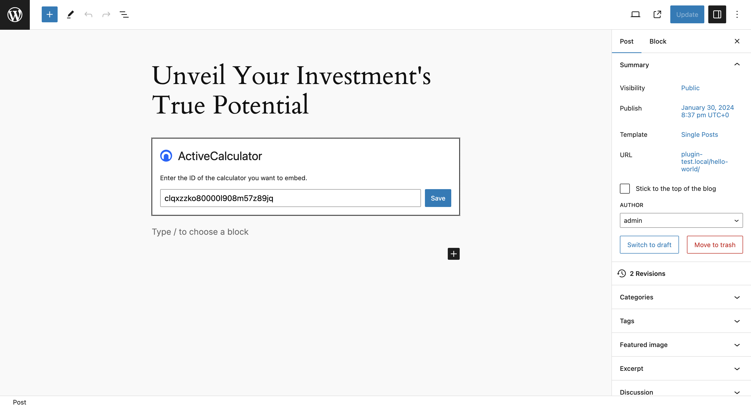 Calculator id inside a ActiveCalculator gutenberg post