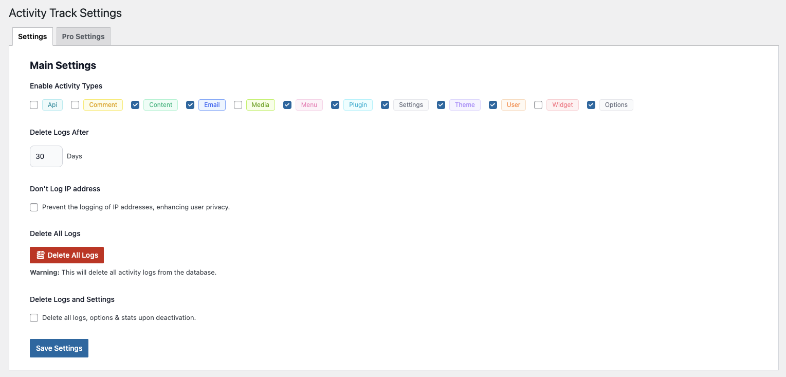 **Settings** — configure tracking options, IP anonymization, and more.