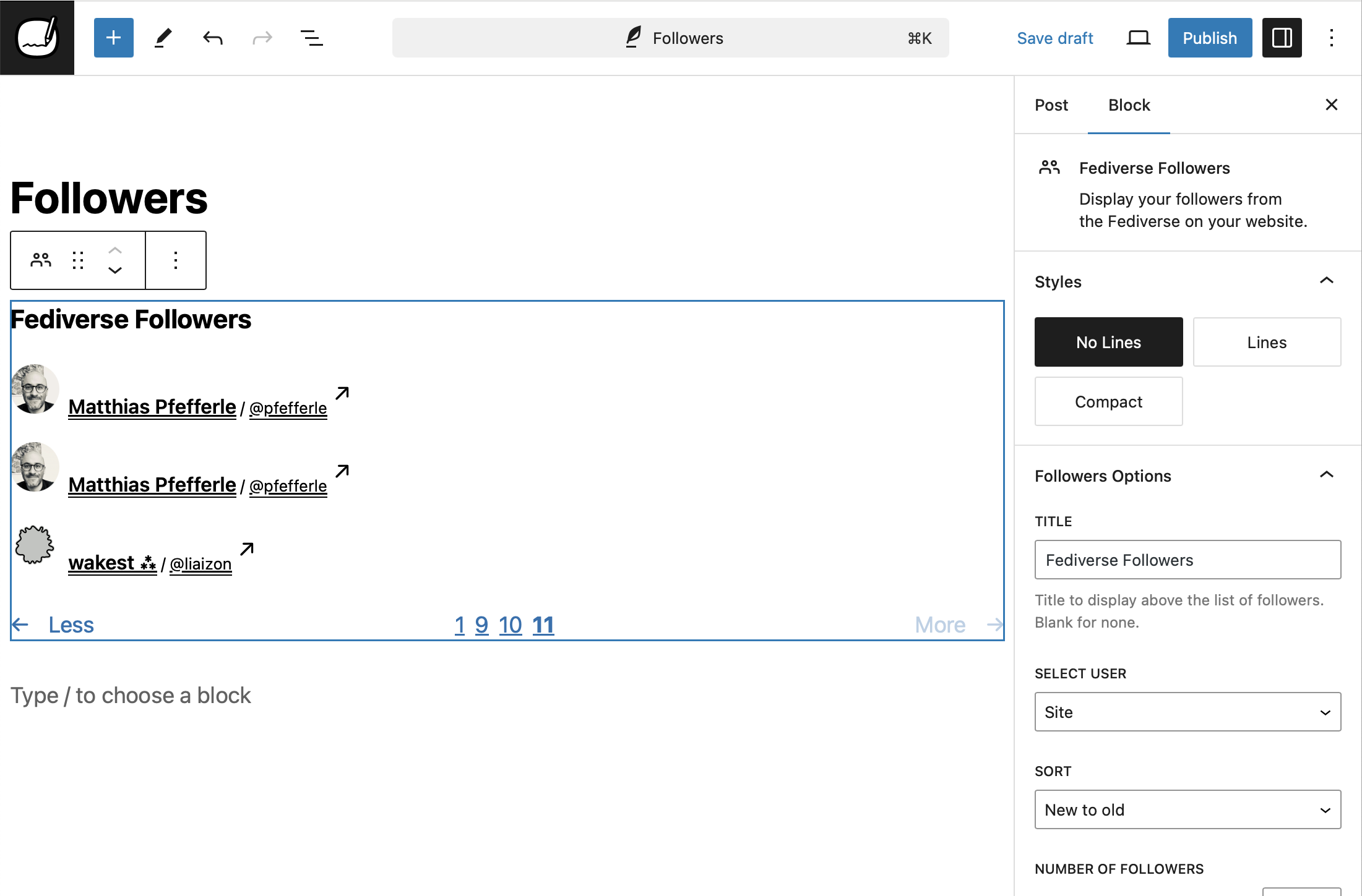 The "Followers"-Block in the Block-Editor