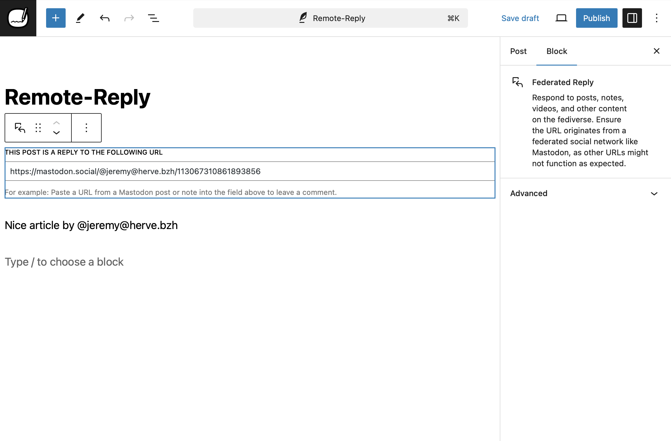 The "Federated Reply"-Block in the Block-Editor