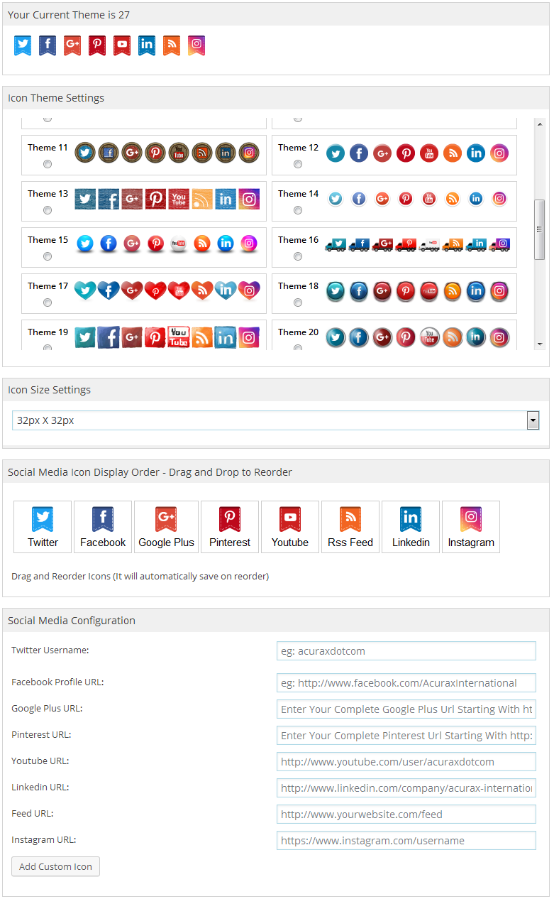 Acurax Social Media Widget Plugin Settings Full Page