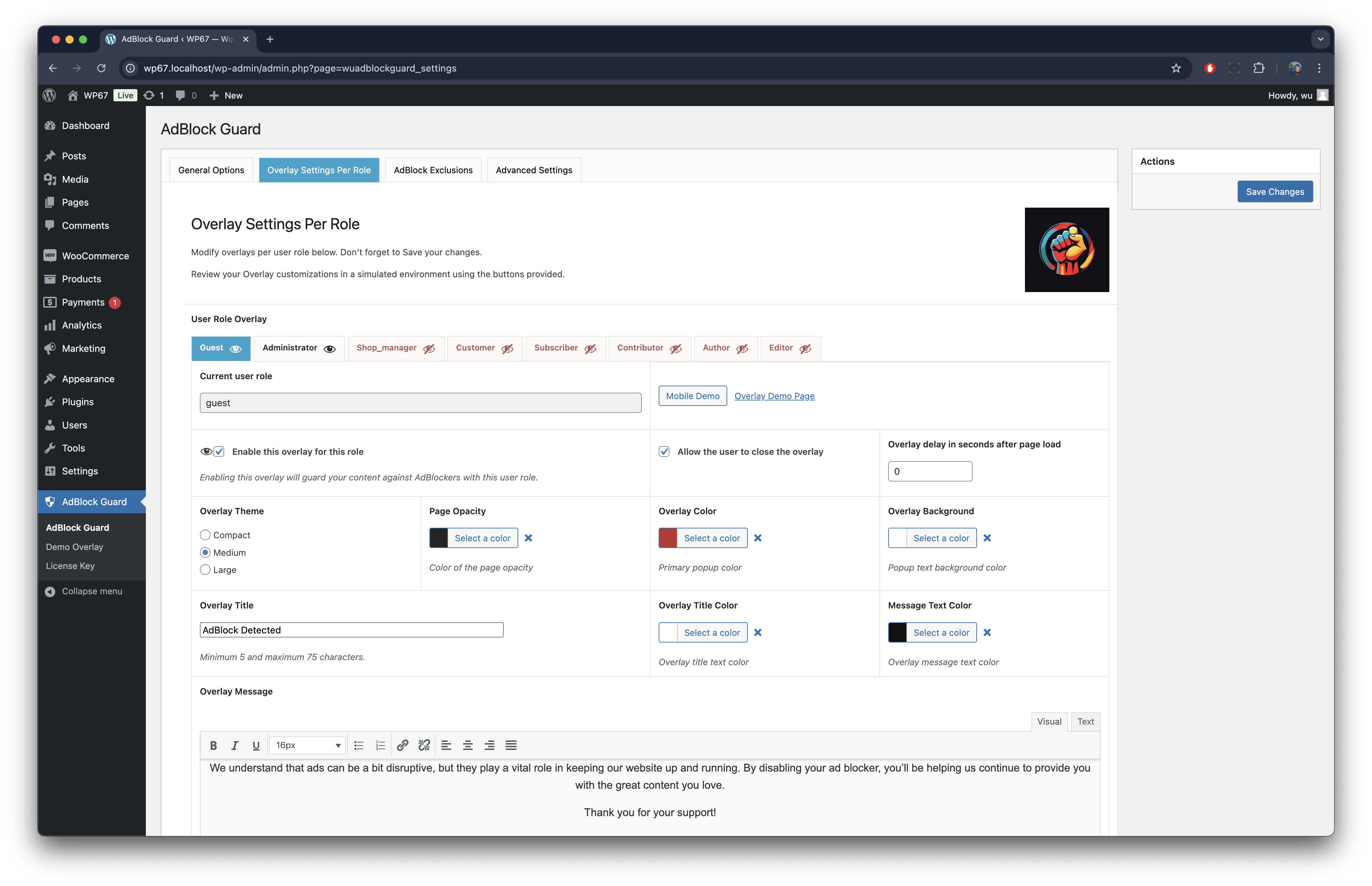 Overlay settings per role: Manage overlay configurations for different user roles.