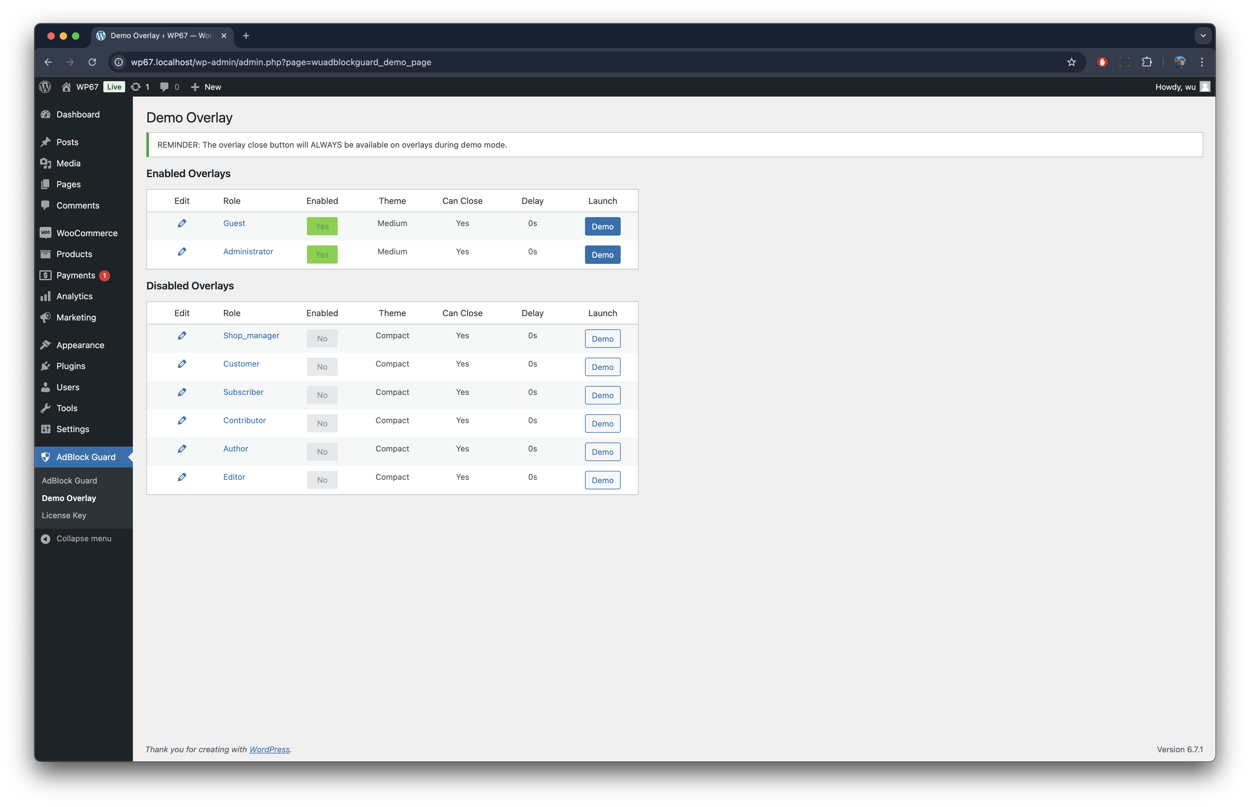 Demo mode: Review each overlay for each user role