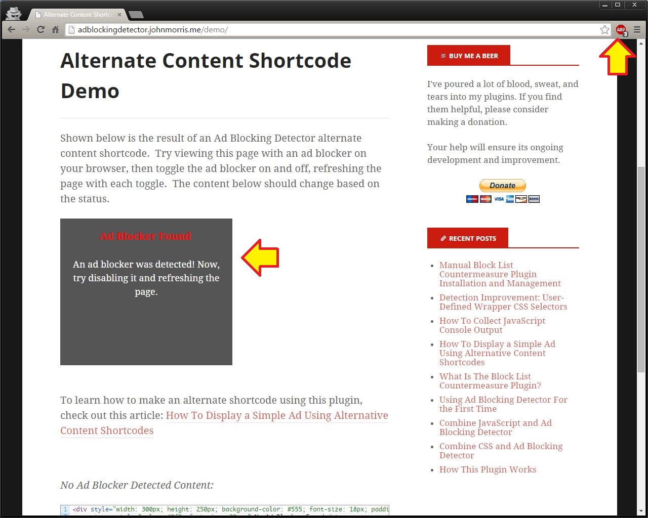 Demo of Alternative Shortcode w/ Enabled Ad Blocker ([click here to test a live demo](http://adblockingdetector.johnmorris.me/demo/))