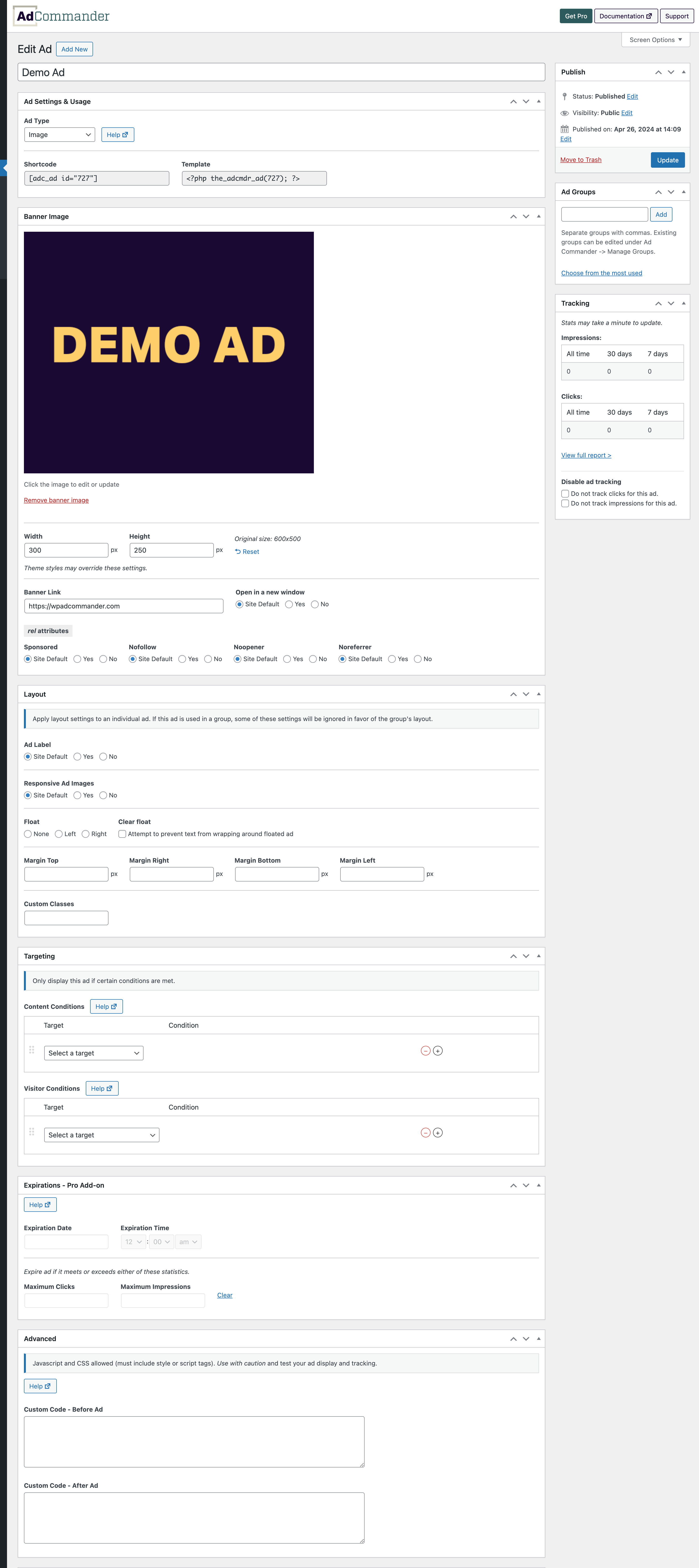 Creating an individual ad in the WordPress admin uses a standard Add Post interface. Create your ad, assign it to groups, apply settings, and publish.