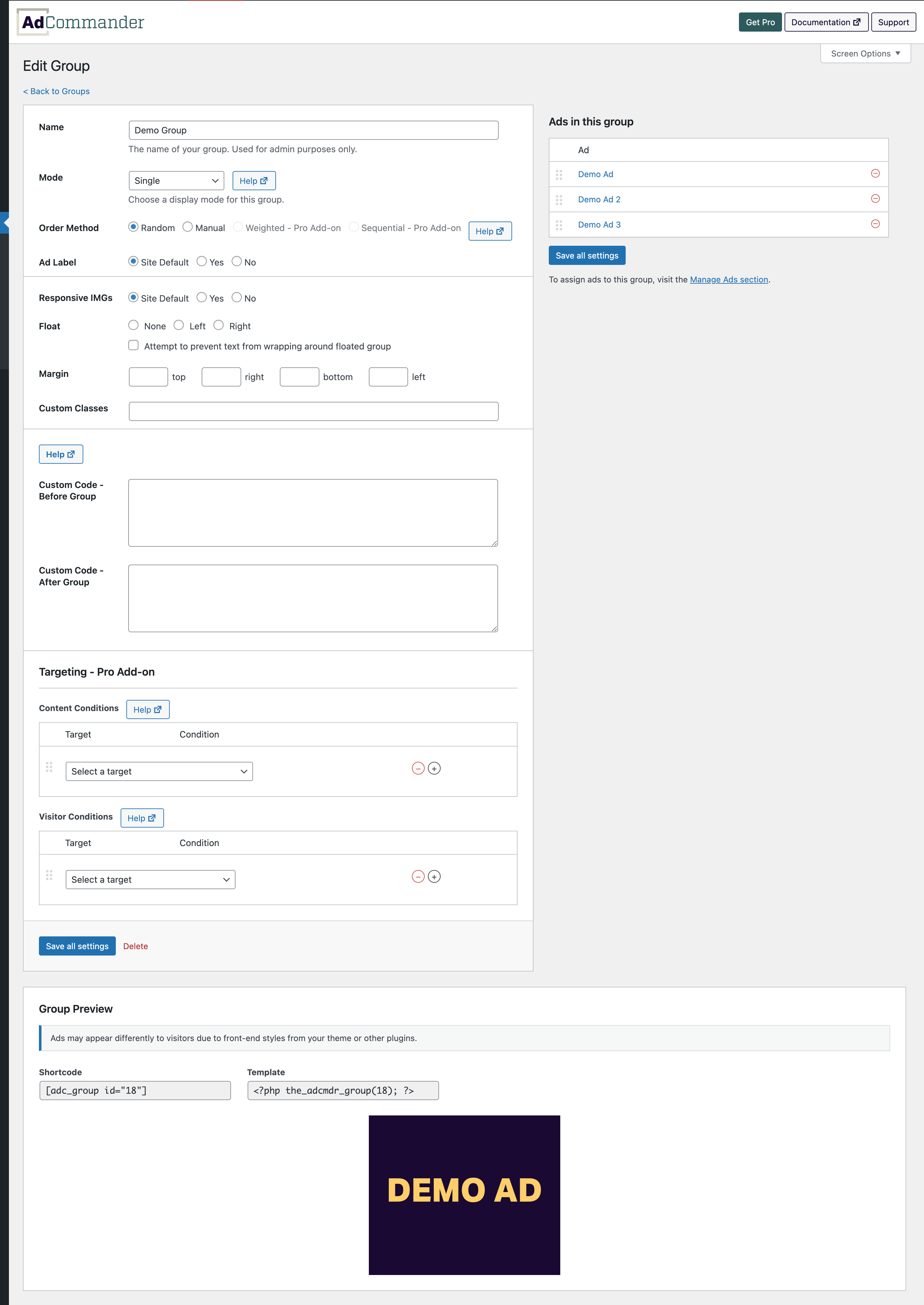 Ad Groups are WordPress taxonomies and are used to display a group of ads together.