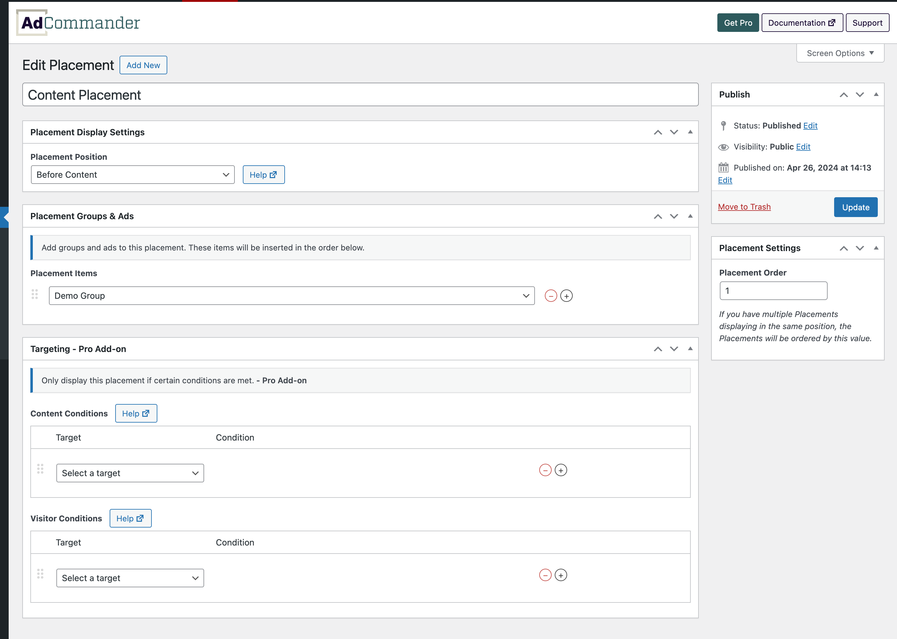 Placements allow you to insert ads or groups automatically without implementing shortcodes, template tags, or blocks.