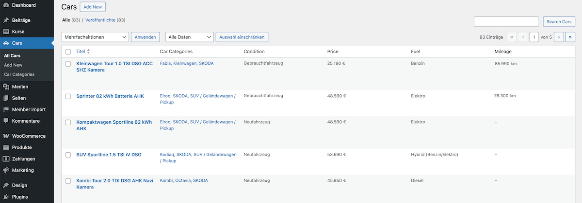 Backend: Custom Post Type for all imported vehicles
