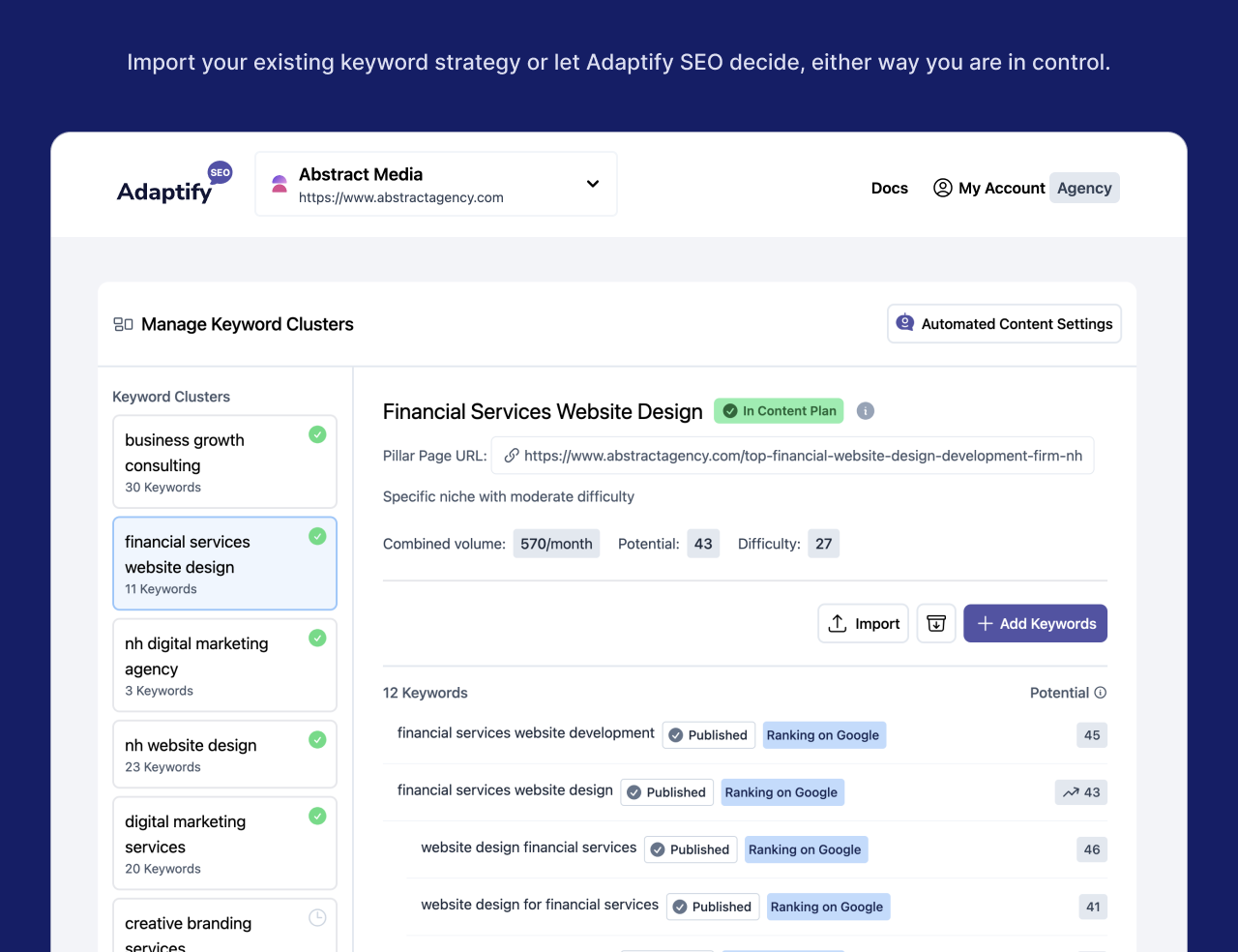 **Keyword Clusters Management** - Manage your keyword clusters and content plans.