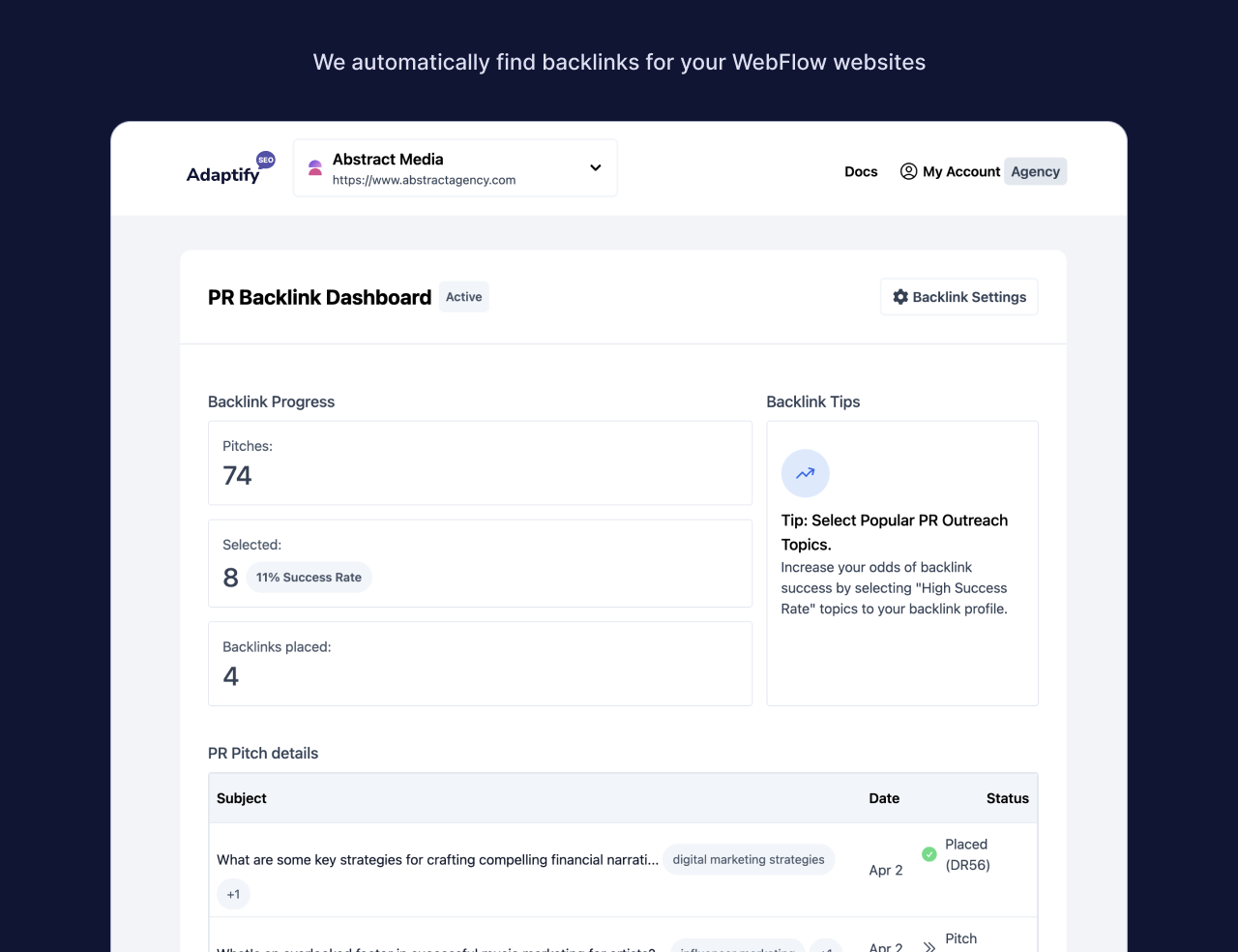 **Backlink Dashboard** - Manage your backlinking strategy.