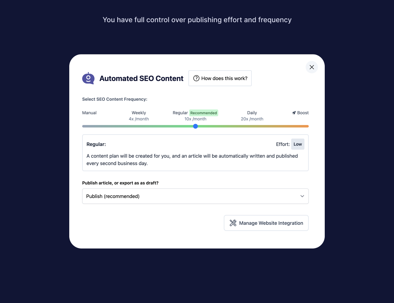 **Automated SEO Content Settings** - Control over publishing effort and frequency.