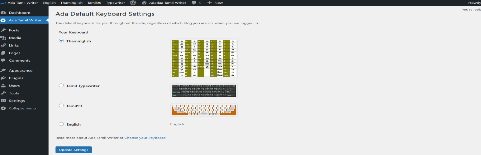 Set a default keyboard in Ada Tamil Writer settings