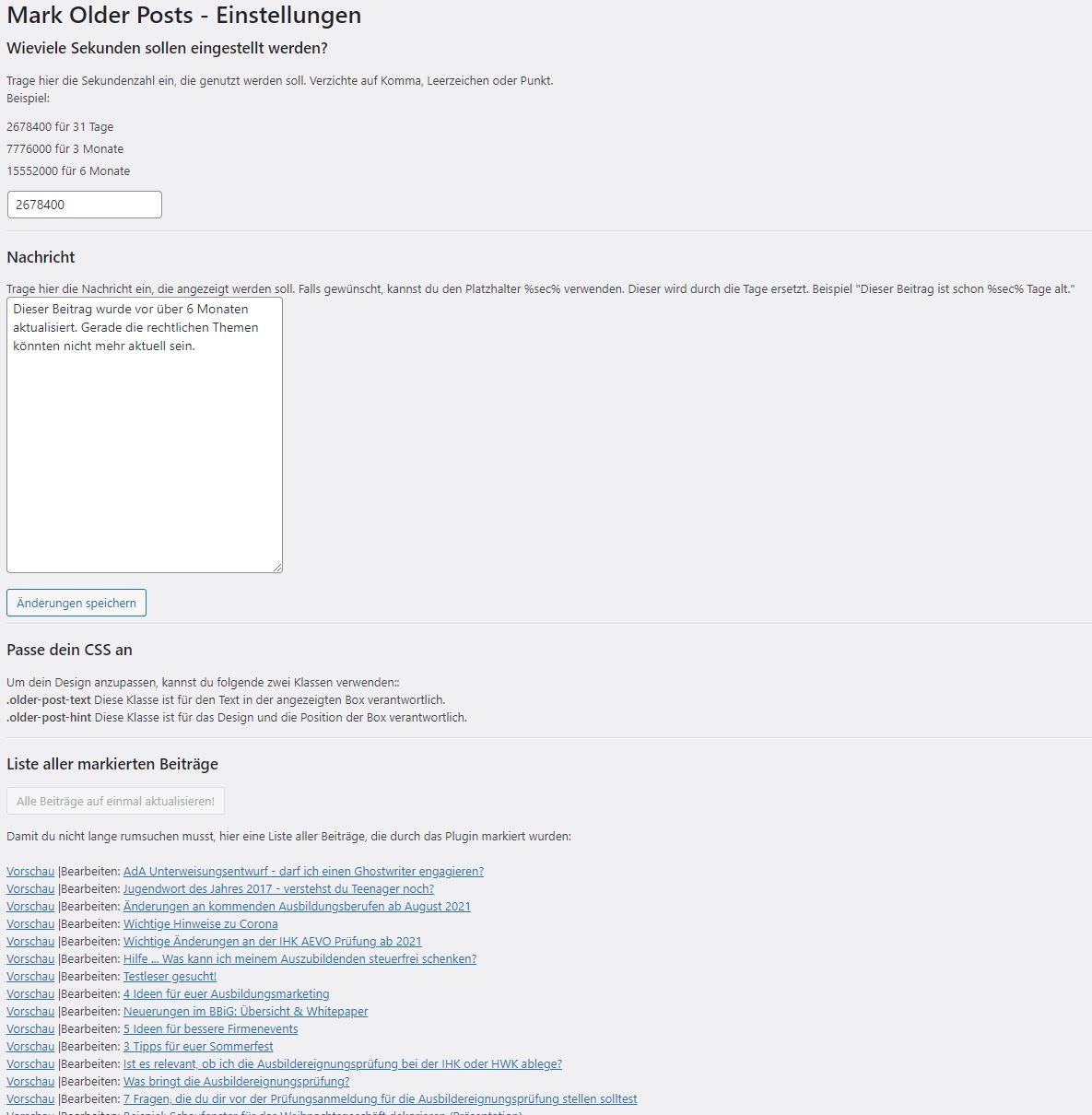 The List of marked Posts in the Settings-Page