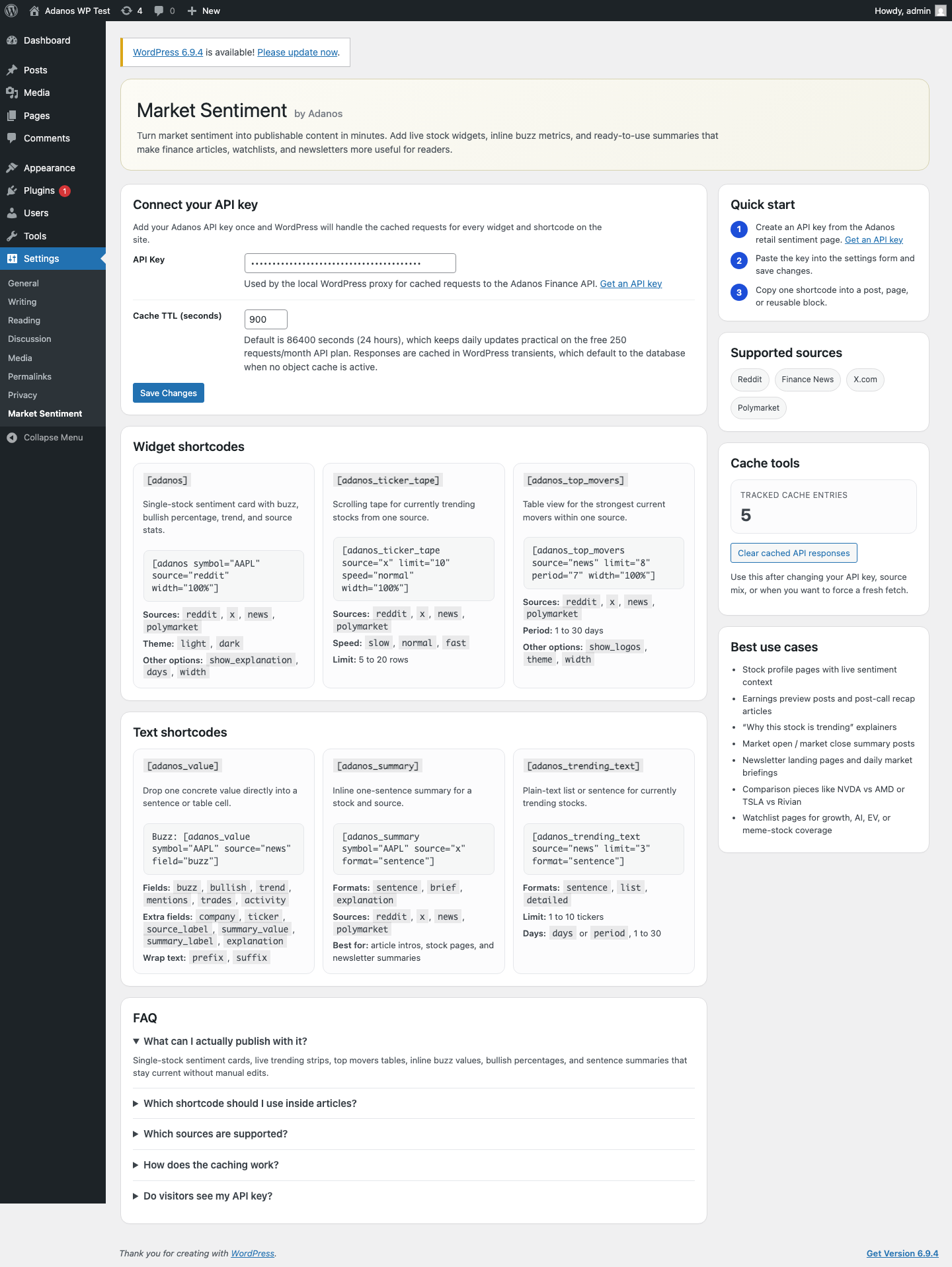 Admin settings page with API key, cache tools, and shortcode guidance.