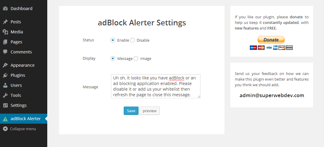 Settings Page for adBlock Alerter