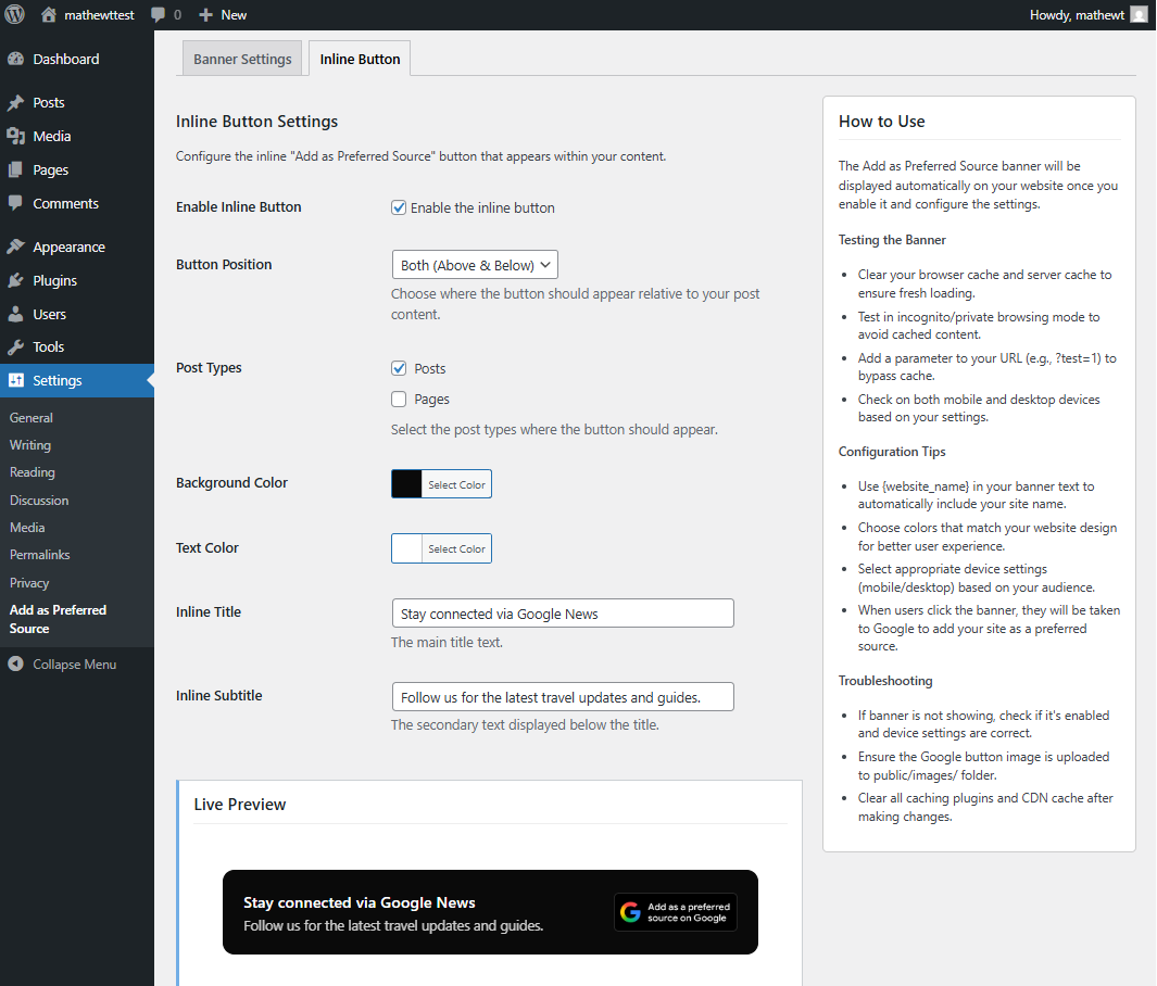Inline button card settings page with customization options and live preview