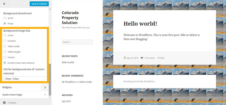 Demonstrating custom CSS to create a tiled 100px by 100px background.