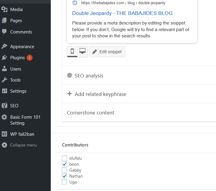Screenshot shows the checkboxes for the blog users on the post edit page where the contributors are selected.