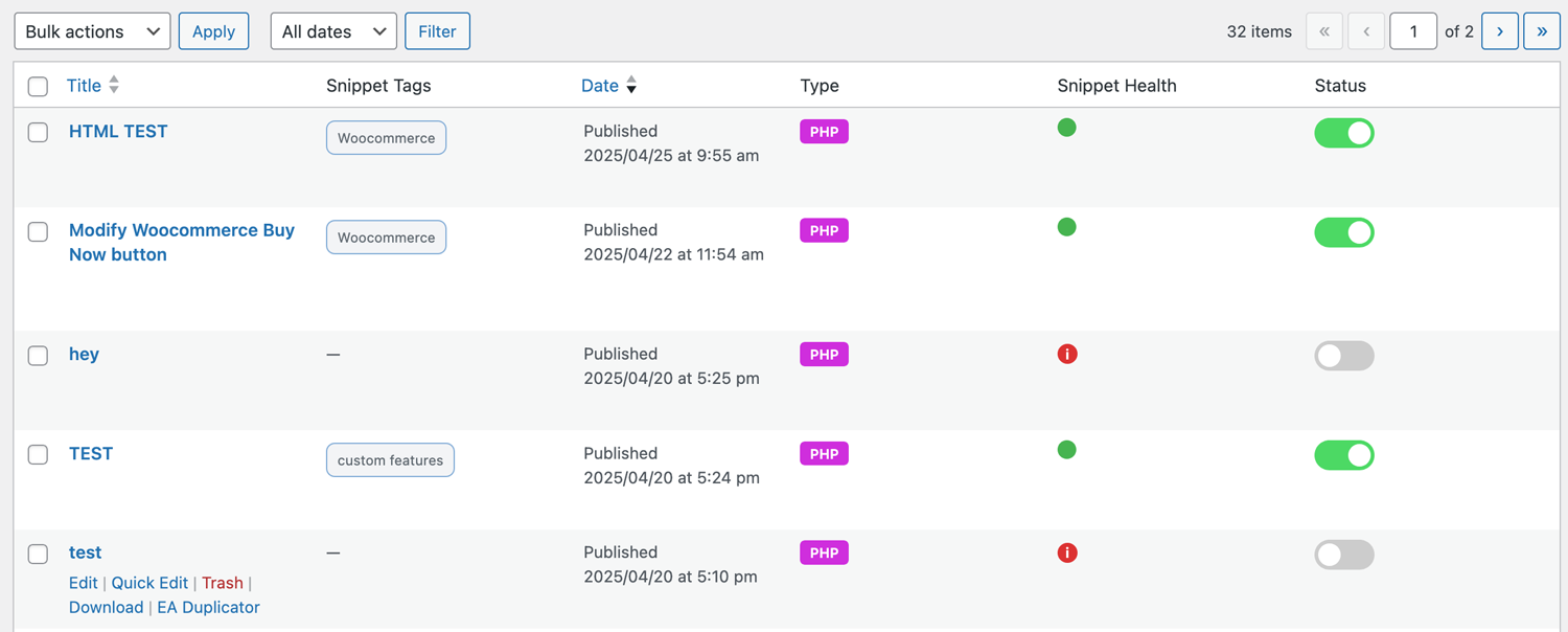 Snippets listing page