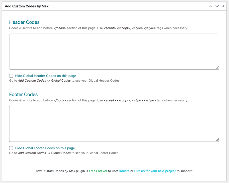 Header and Footer codes for Pages, Posts, Taxonomies etc.
