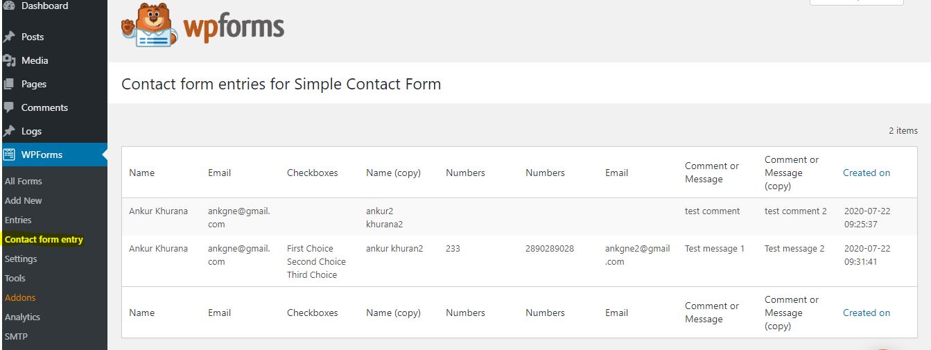 Screenshot of entries for selected WPForms