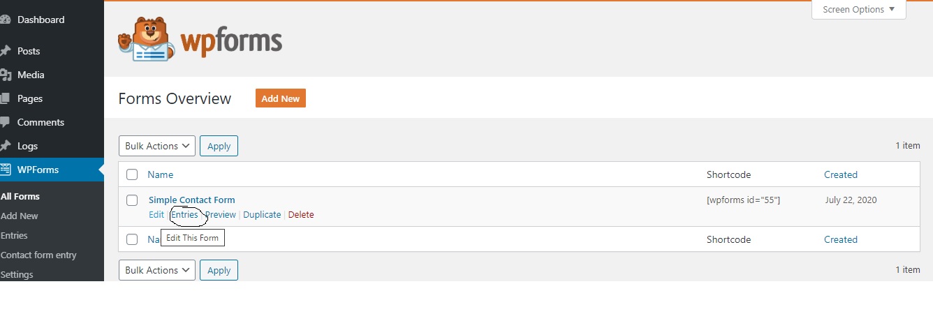 Entries are also accessible form WPForms overview page