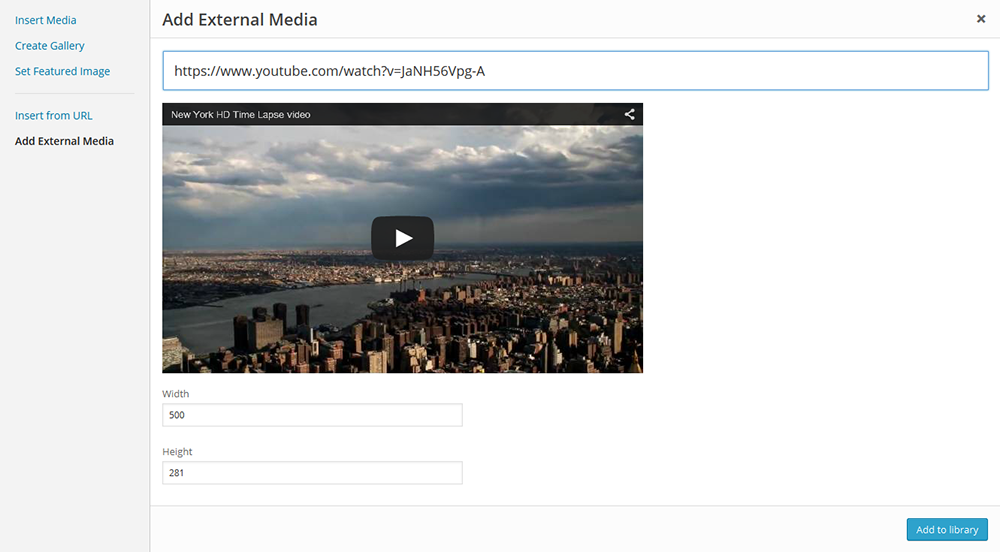 Enter the url and size of the external media you'd like to add to the media library here