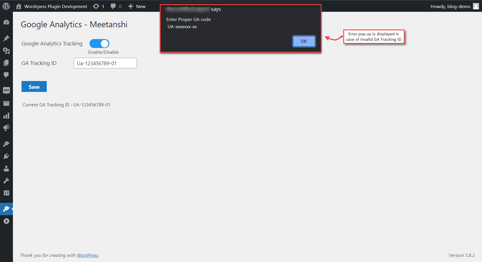 Invalid GA Tracking ID Error Message