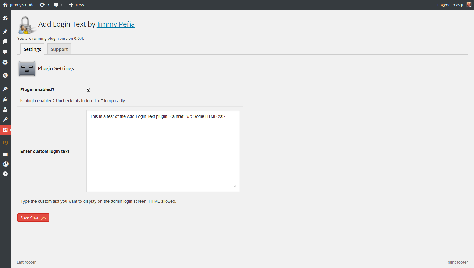 Plugin settings page (note the custom text entered)