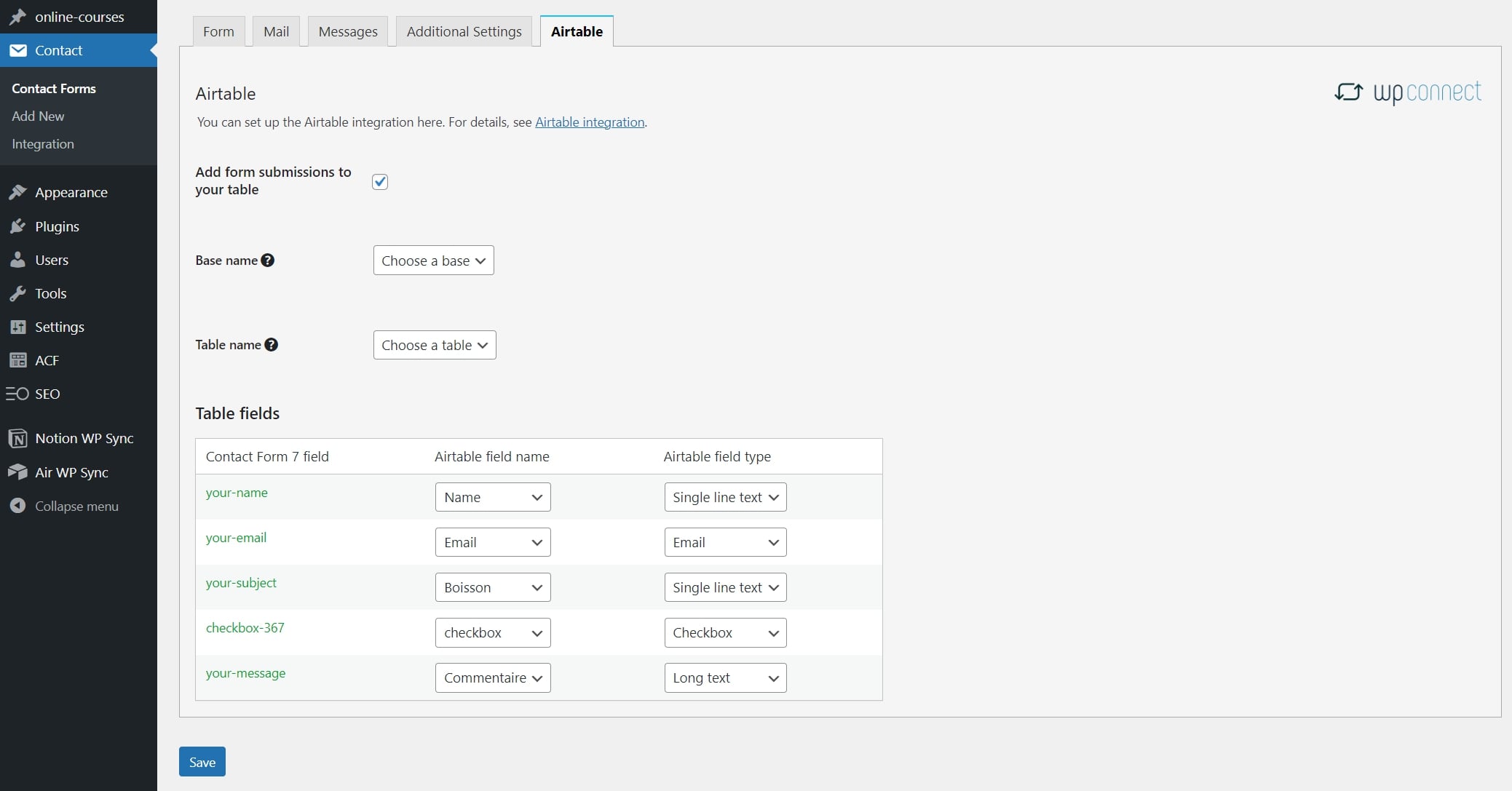 Map the fields of Contact Form 7 form with Airtable\'s columns