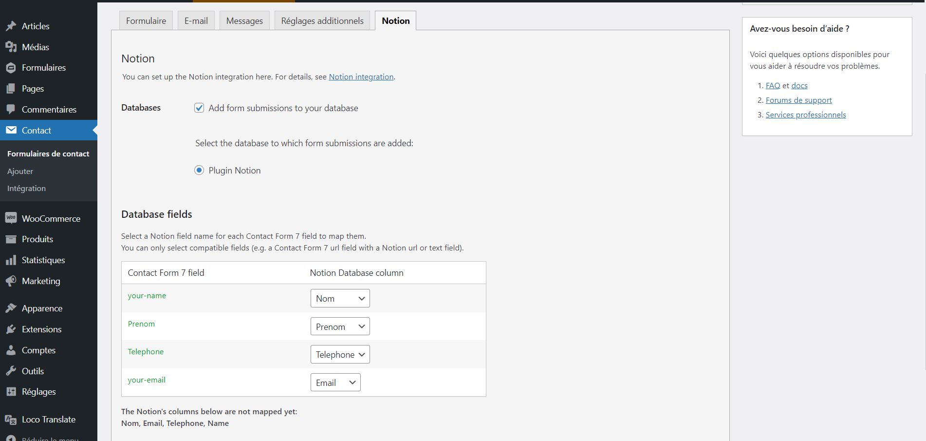 Map the fields of Contact Form 7 form with Notion's columns